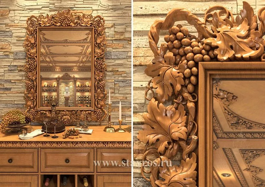 Carved mirror in heavy wooden frame with grapevine ornament and decorative elements