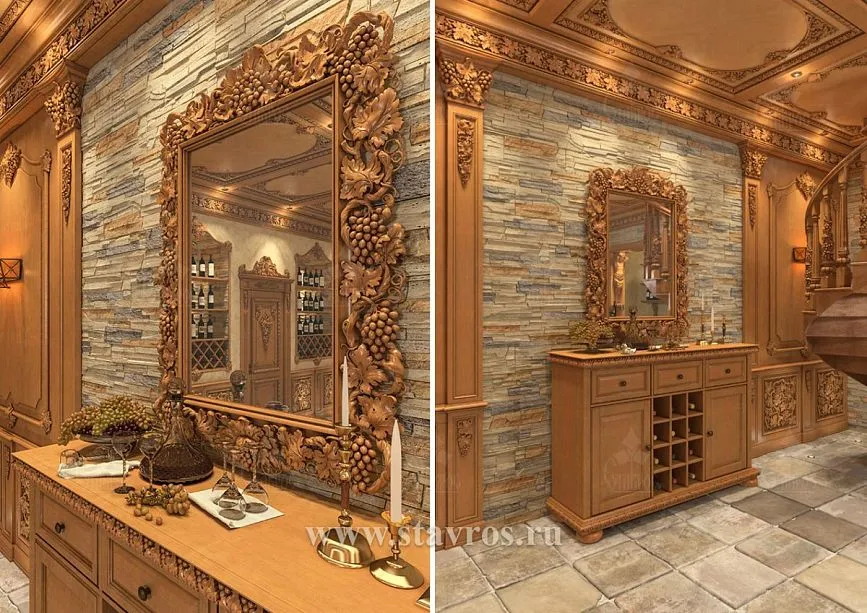 Commode, carved mirror in heavy wooden frame with grapevine ornament and decorative elements