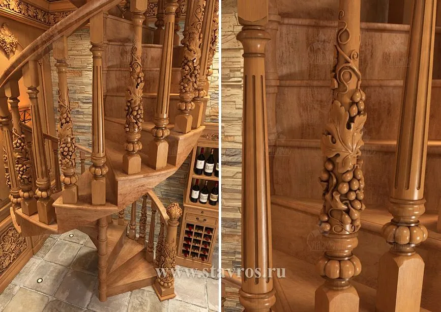 Helical staircase with carved balustrades and columns in wine cellar interior
