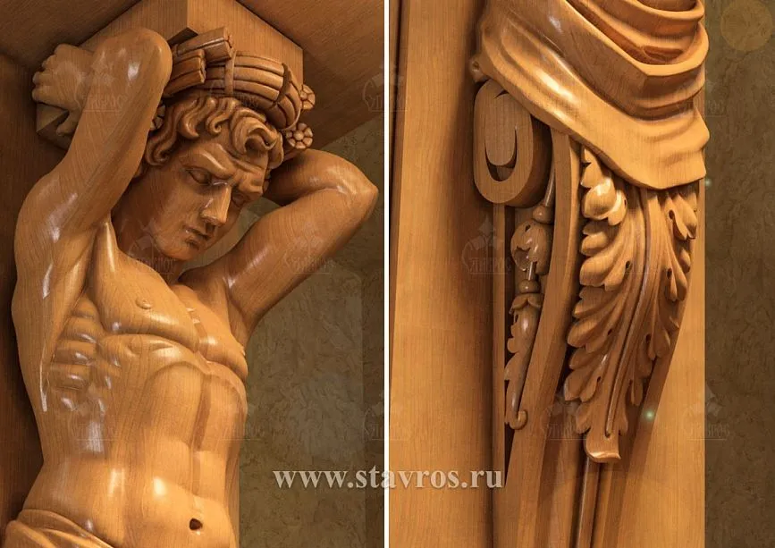 Carved wooden atlant figure supporting the arch vault, and decorative drapery applique