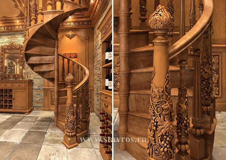 Helical staircase made of solid wood with elegant balustrades and classical decorative elements