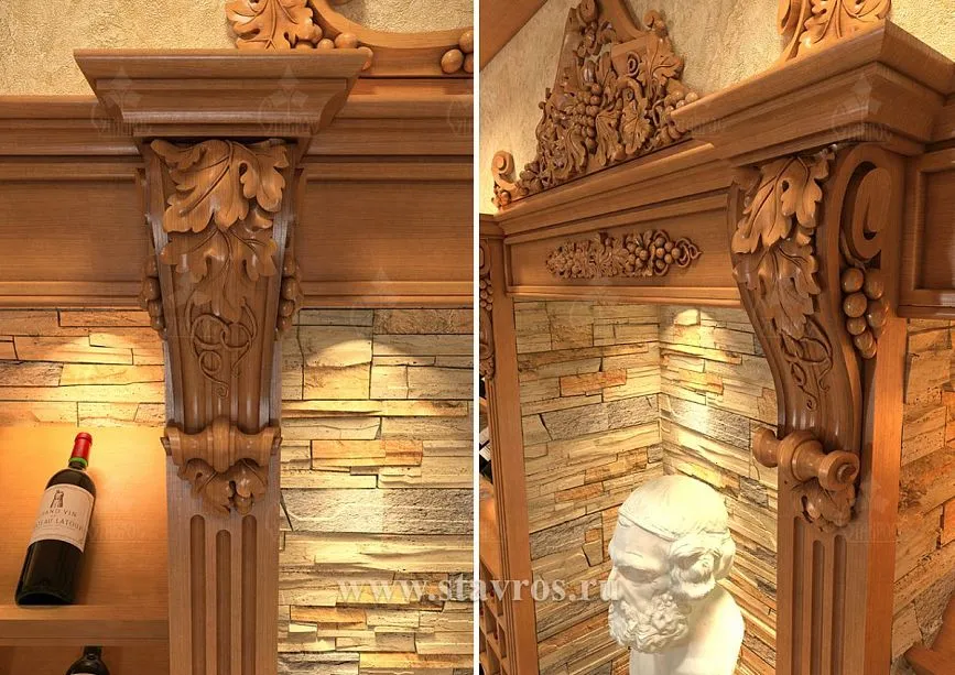 Column fragment with artistic carving and stone cladding in the wine cellar
