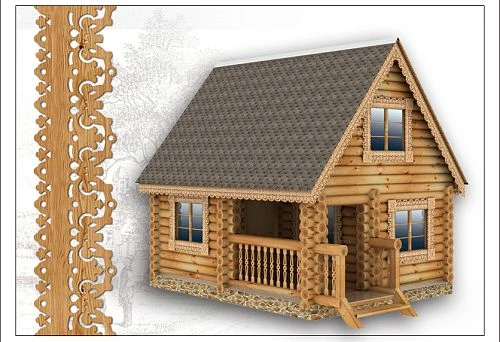 Carved wooden window casings and decorative window trim on the facade of a wooden house