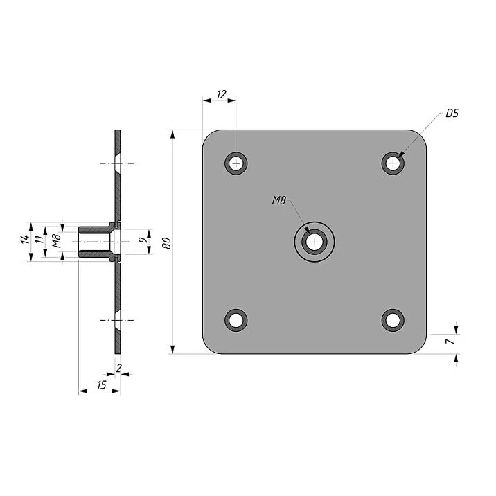 Drawing of the square mounting plate FUR-044 for furniture